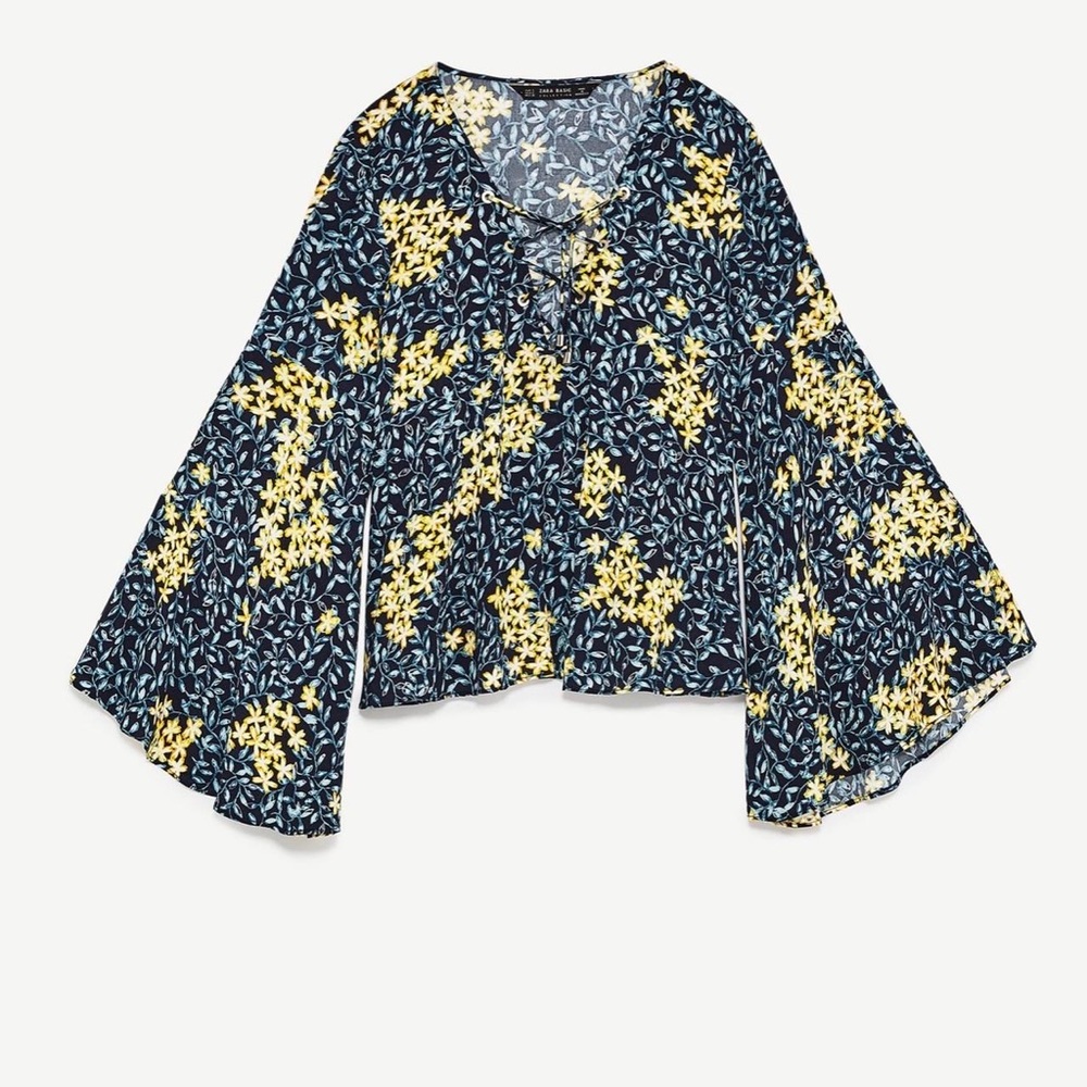 Zara Blue Floral Print Bell Sleeve Blouse— worn only twice!